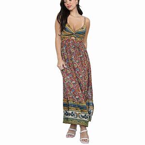 Angie Clay Twist Front Cut Out Border Print Bohemian Maxi Dress F4B48-FQ75